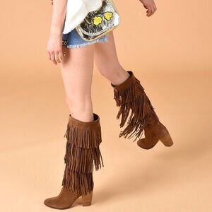 Crema suede long boots with tassels brand new Made in Italy Size 10 US 40 IT